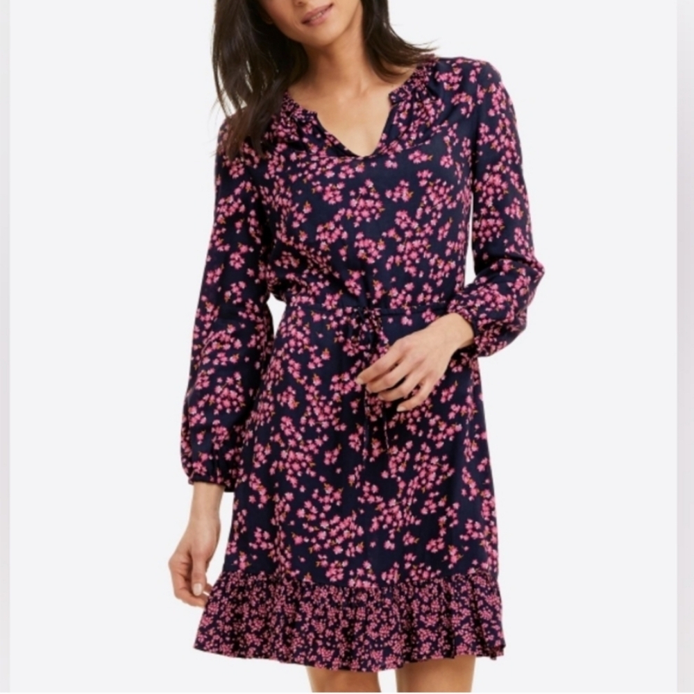 Floral Print Navy and Pink Tie-Waist Dress
